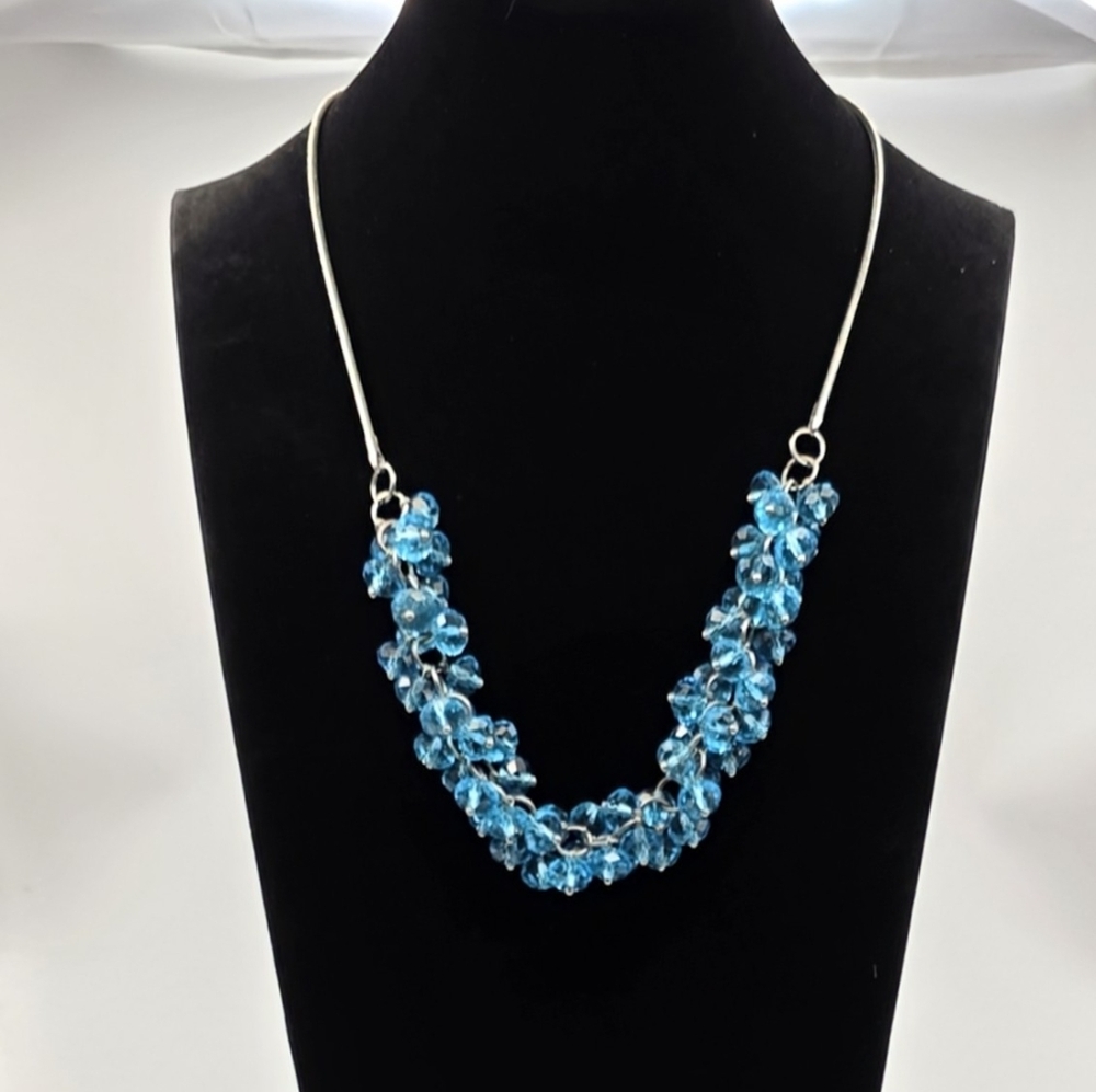 Blue Crystal Cluster Statement Necklace Silver Tone Faceted Bead Necklace